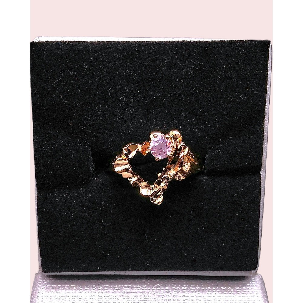 Heart 14K Gold Plated Ring Vintage Pink Cubic Zirconia Stone Nugget Textured