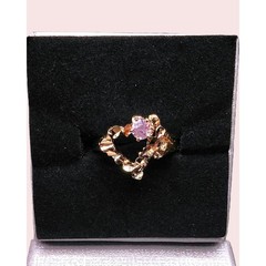 Heart 14K Gold Plated Ring Vintage Pink Cubic Zirconia Stone Nugget Textured