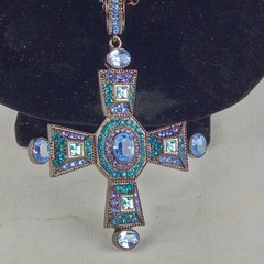 Vintage Silver/Black Tone & Blue Rhinestone Cross Pendant Chain Necklace 17″ 51g