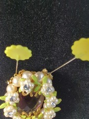 Vintage Wreath Pendant Necklace Delicate Pearl Flowers Amethyst Green Enamel
