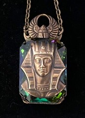 Egyptian Revival Necklace King Tut Pharaoh Pendant Iridescent Rhinestone Scarab