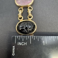 Vintage Double‑Strand Scarab Bracelet Gold Tone Carved Stones Safety Chain 7in