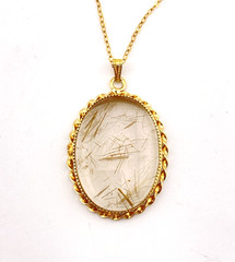 Gold Rutilated Quartz Pendant Necklace 12k Rolled Gold Chain 18.5 In