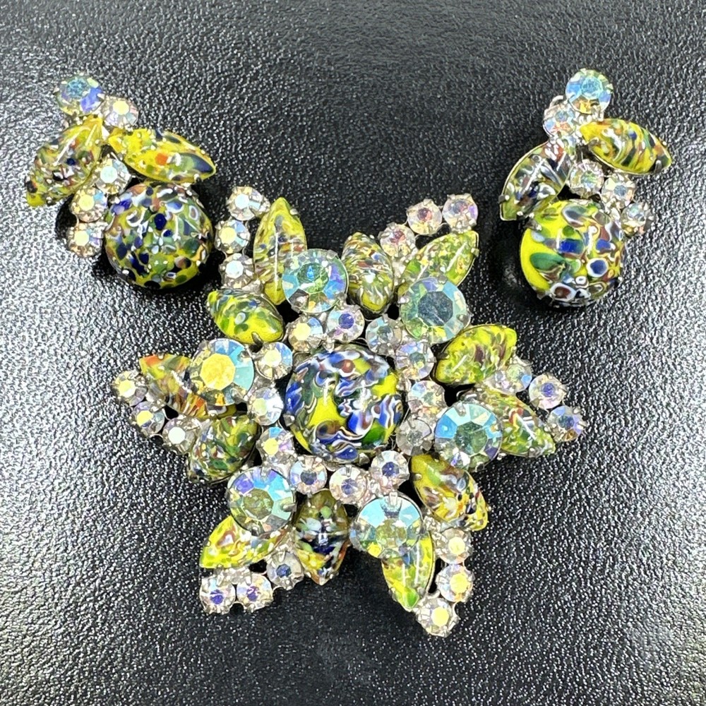 Juliana D&E Millefiori Harlequin AB Rhinestone Earring Set 2689 Brooch 3148 RARE
