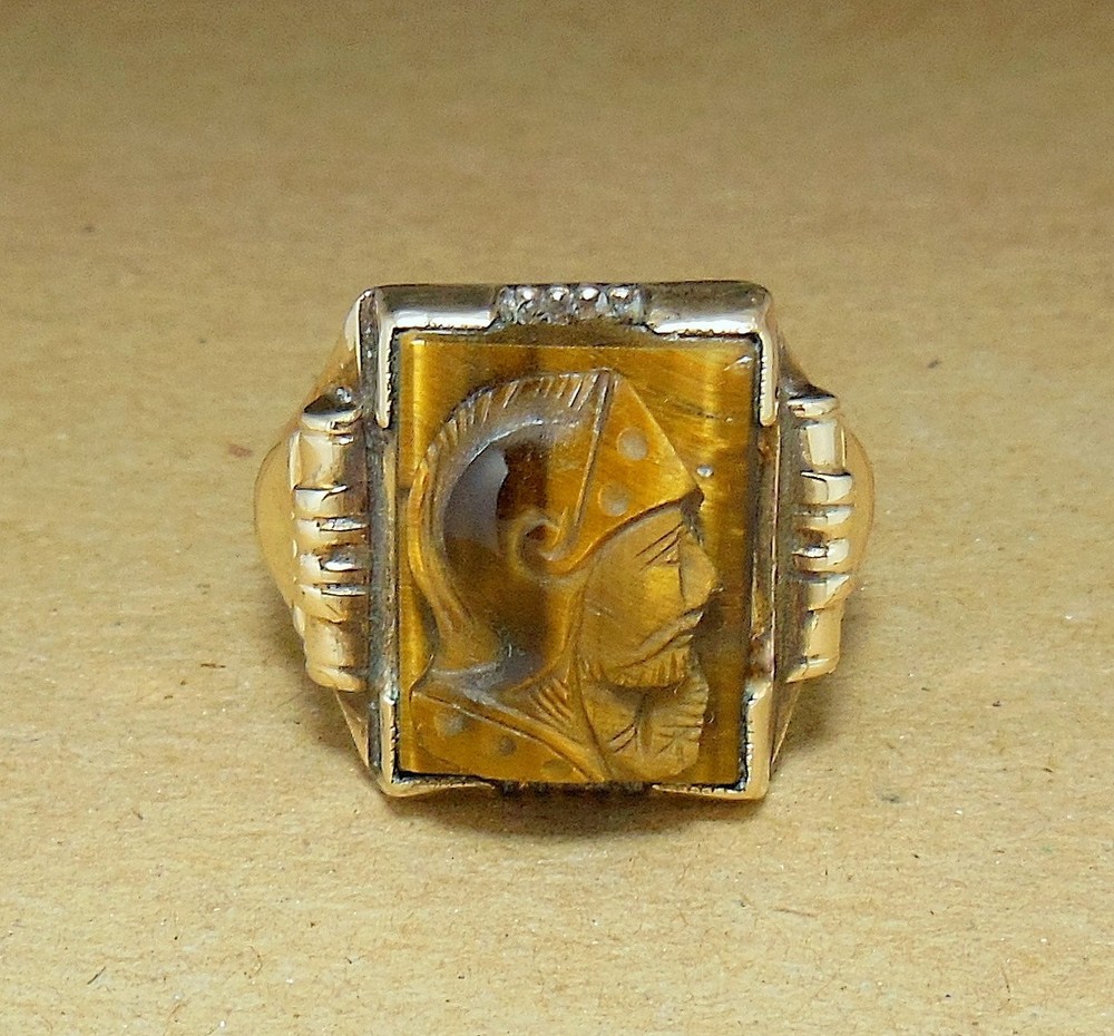 Vintage 10K GF Sterling Silver Carved Tiger’s Eye Soldier Cameo Signet Ring 9.5