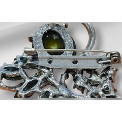 Vintage Style Lime Green Floral Brooch Silver Tone Rhinestone Botanical Pin