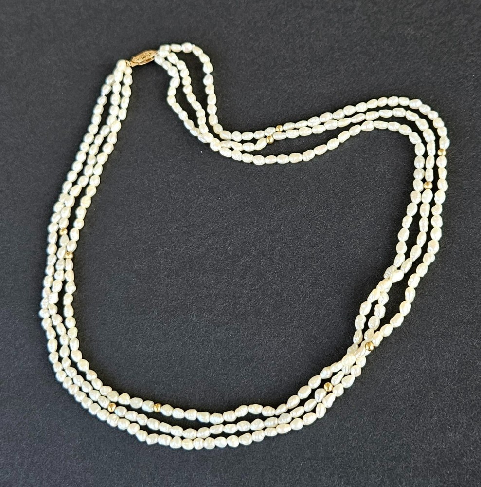 Vintage 14K Gold Three Strand Freshwater Pearl Bead Necklace