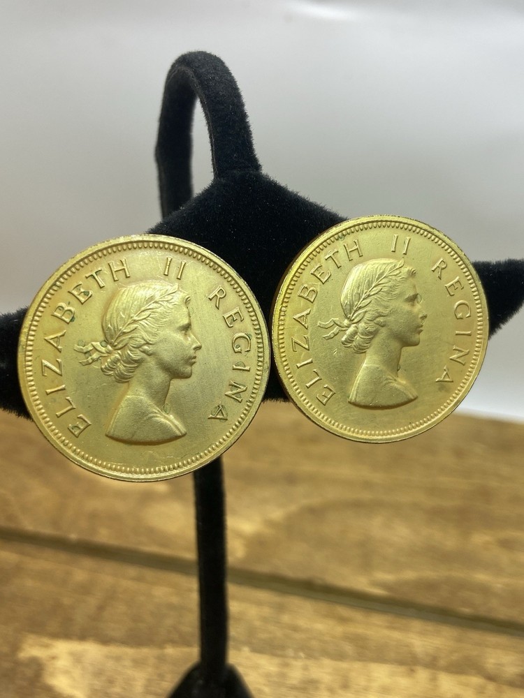 Vintage 1950s South Africa Elizabeth II Coin Clip On Earrings 1.25”