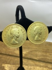 Vintage 1950s South Africa Elizabeth II Coin Clip On Earrings 1.25”