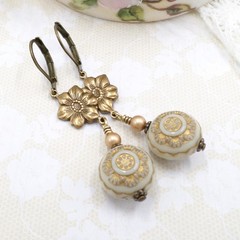 Gold Flower Dangle Earrings: Vintage Style Acrylic Pearl Bead Handmade Jewelry