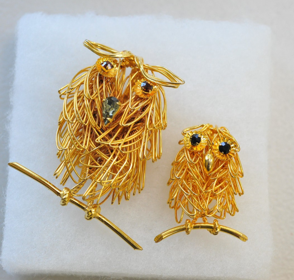 Owl Brooch LOT scatter bird birds pin rhinestone gold tone wire XL13
