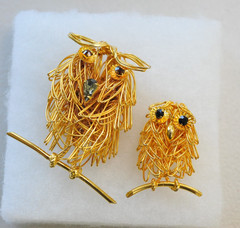 Owl Brooch LOT scatter bird birds pin rhinestone gold tone wire XL13