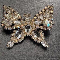 Signed Kramer Rhinestone Butterfly Brooch Clear & AB Gold Tone Vintage 1950s