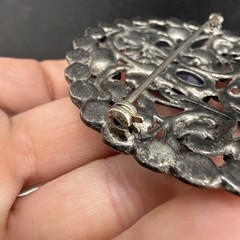 Vintage Pot Metal Rhinestone Brooch Silver Tone Blue