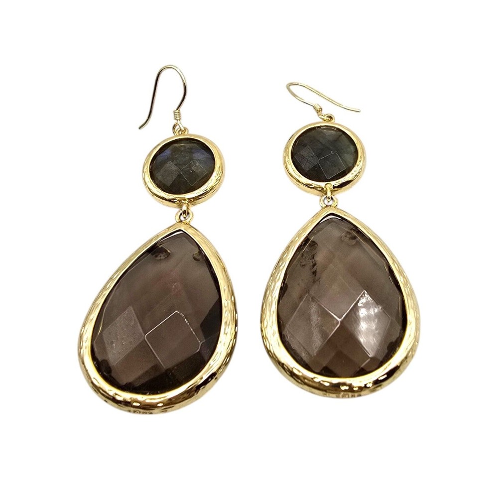 Stone Pierced Earrings Smokey Brown Faceted Light Brown Signed Dangle Teardrop