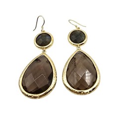 Stone Pierced Earrings Smokey Brown Faceted Light Brown Signed Dangle Teardrop