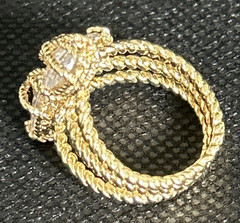 Vintage Gold Tone Rope Cocktail Statement, Ring Clear Glass Stones Size 7.5
