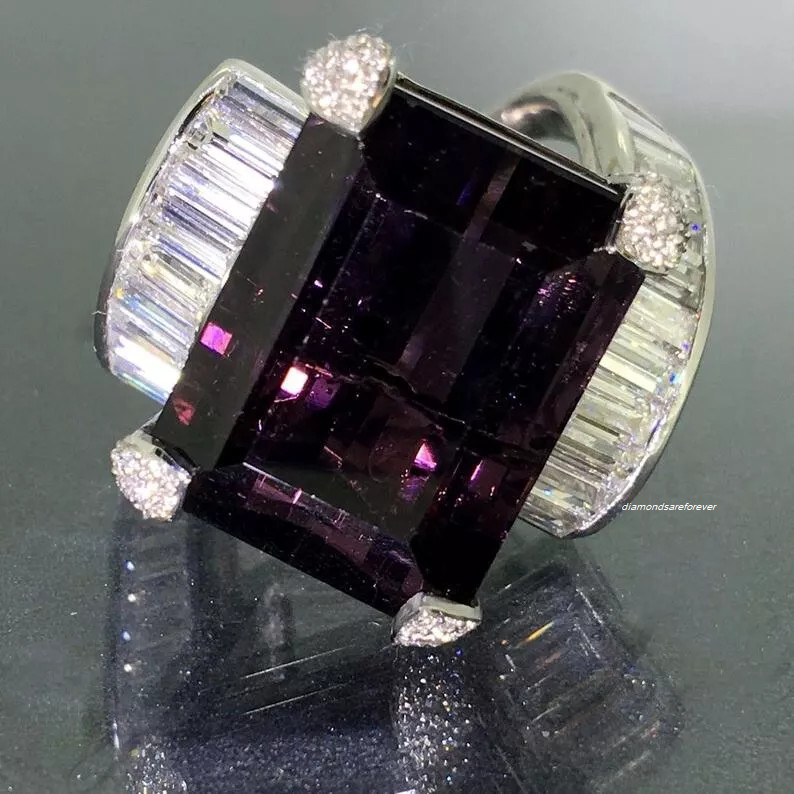Purple 29.32ct Large Siberite Tourmaline & Shiny White Diamond Ring 925 Silver