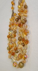 Vintage 3 Strand Necklace Amber, Gold, Pink 1940s-1950’s Glass Aurora Borealis