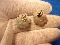 NICE OLDER VINTAGE HANDCRAFTED PAIR OF STERLING SILVER AMMONITE SEALIFE EARRINGS