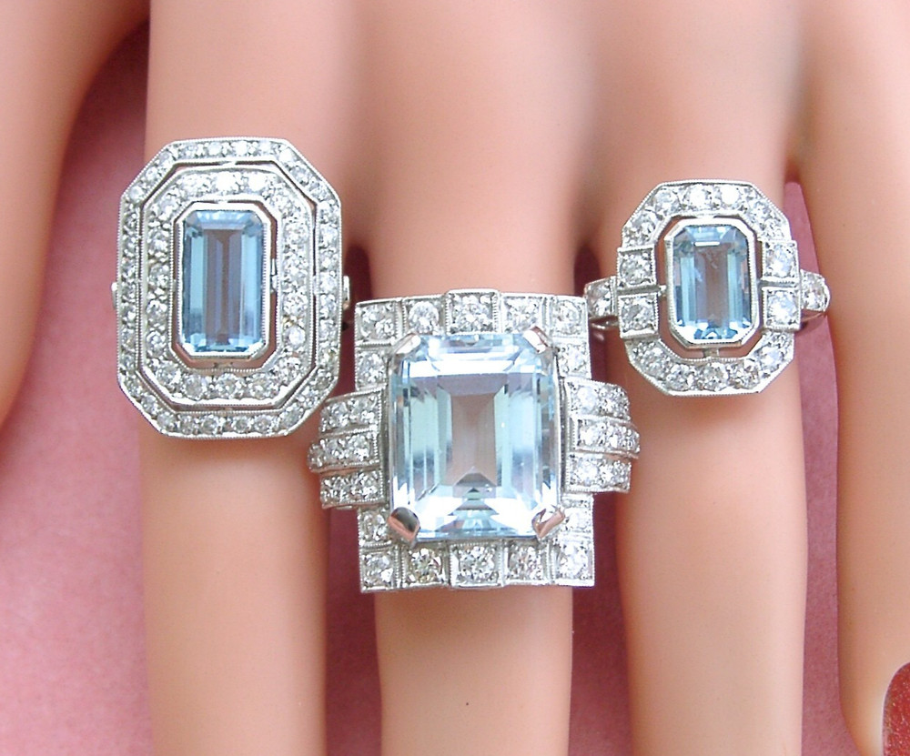 ESTATE ART DECO 10ct AQUAMARINE 1.35ctw DIAMOND PLATINUM STATEMENT COCKTAIL RING