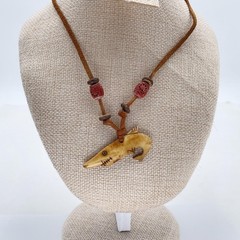 Boho Bone Shark Fish Pendant Necklace Brown Leather Wood Beads Statement Toggle