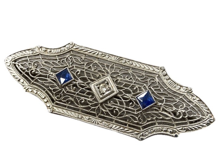 Krementz 10K White Gold Sapphire & Diamond Art Deco Filigree Broach DIANA LINE