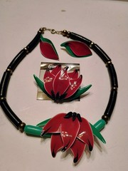Contempo Pink Lotus Enamel Necklace , Brooch,Earrings Set New Old Stock STUNNING