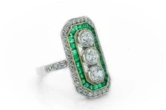 Art Deco Style Lab Created Diamond & Emerald Engagement 14K White Gold FN Ring