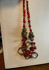 Vintage Roxsann Beaded Red Brass Flowers And Heart Pendant Necklace Chunky