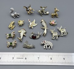 Vintage Tiny Animal Brooch Lot Of 17 Rhinestones Horses Whales Elephant Birds