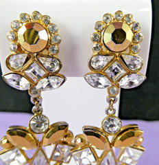 NICE Vintage Signed TONA Crystal Dangle Earrings Icy Clear & Golden Rhinestones