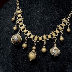 Antique Deco Book Link Chain Brass Choker Dangle Brass Beads Gold Fill Fobs 15”