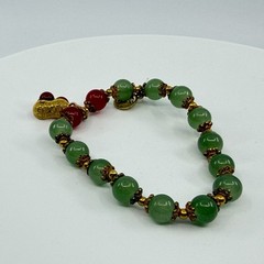 Green Jade & Red Bead Bracelet Gold Tone Peanut Charm Lucky Boho Stacking Gift