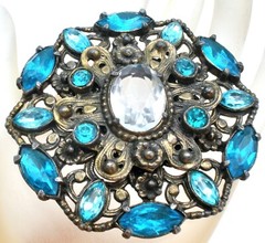 Large Round Blue Rhinestone Brooch Vintage Pin Prong Set Stones Jewelry