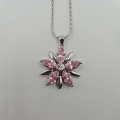 Vintage COOKIE LEE Pink Rhinestone Flower Pendant Necklace Silver Tone Chain