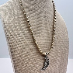 Vintage Y2K Silver Tone Crescent Moon Pendant Beaded Natural Fiber Cord Jewelry