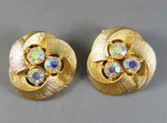 Vintage BRUSHED GOLD TONE Clip-On Stud Earrings CLEAR AB RHINESTONES Spiral Knot
