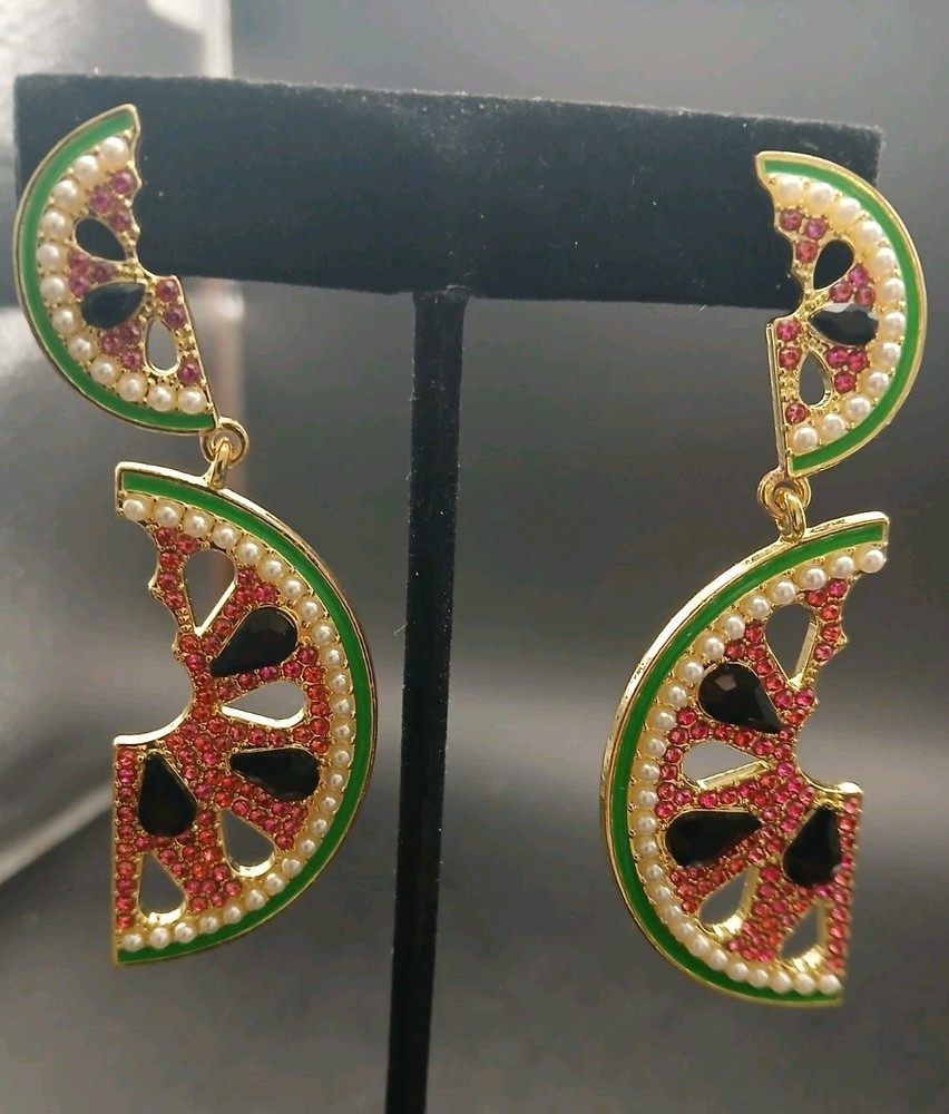 Sugarfix “Watermelon” Shaped Earrings Tiny Pearls, Rhinestone, Enamel, Earrings