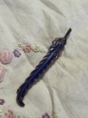 Vintage Blue Enamel Feather Brooch Pin Gold Tone Long Quill Nature Jewelry