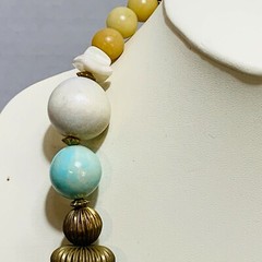 Vintage Designed By Paula Faux Necklace wood, plastic, metal & stone teal bronze