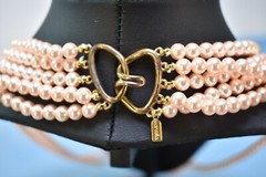 Vintage signed Marvella faux pink pearl 5 strand necklace 23″ & match earrings