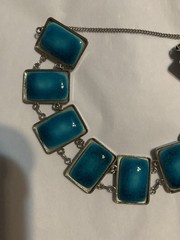 Vintage Teal Blue Stones Silver Tone Chain Bracelet With Safety Chain 7 Inches