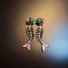 Vintage-style enamel fish head and bone long drop earrings