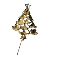 Christmas Tree Vintage Brooch Green Enamel Clear Rhinestones Cut-Outs