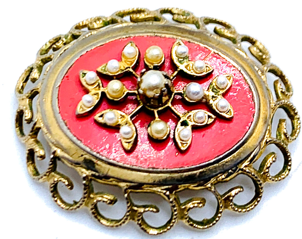 VTG Coro Faux Pearl Salmon Color Enamel Filigree 1950s 1960s Brooch