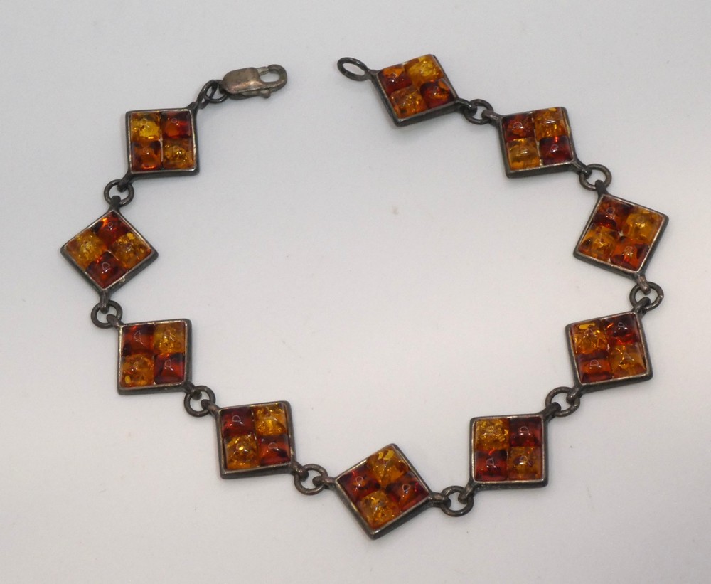 Vintage Hallmarked Poland Two Tone Amber 925 Sterling Silver Link Bracelet 7.5″