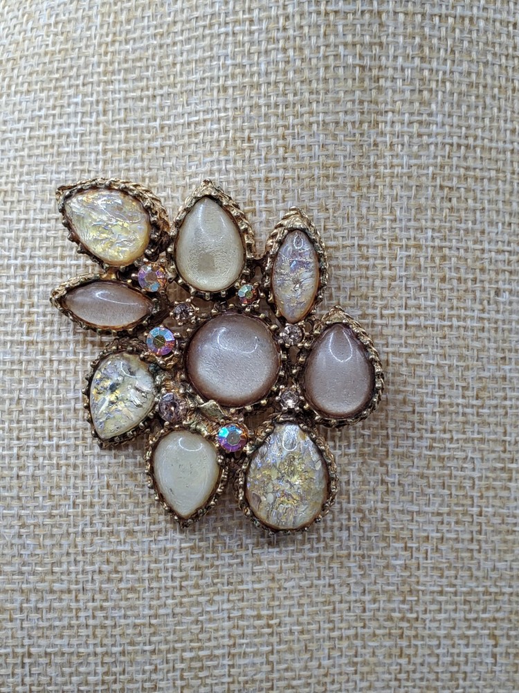 Vintage Gold Tone Moonstone, Foil Glass W/ Auroa Rinestone Brooch 50s-60s Era