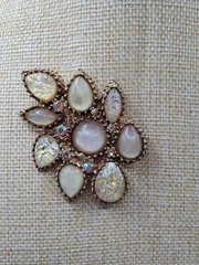 Vintage Gold Tone Moonstone, Foil Glass W/ Auroa Rinestone Brooch 50s-60s Era