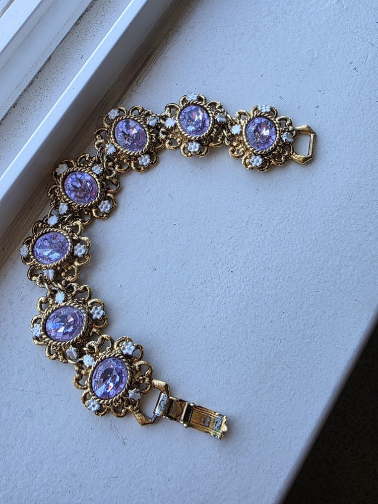 Vintage Huge Purple Blue Color Cyrstal Alexandrite Rhinestone Bracelet 7.5 In